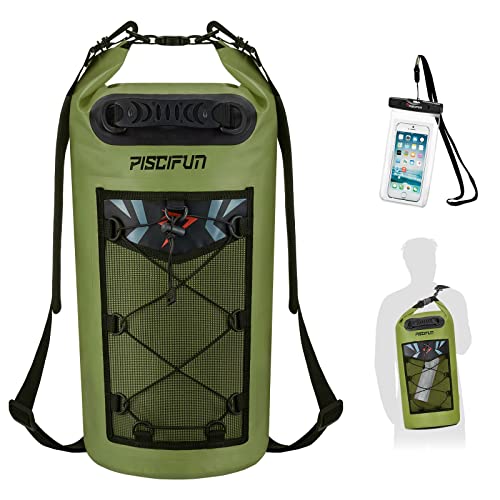 Piscifun Dry Bag, Waterproof Floating Backpack 10L/20L/30L/40L | Waterproof Phone Case, Adjustable shoulder straps, Roll-top closure keeps gear dry, Ideal for Boating, Kayaking, Fishing - color: Army Green, style: 40l