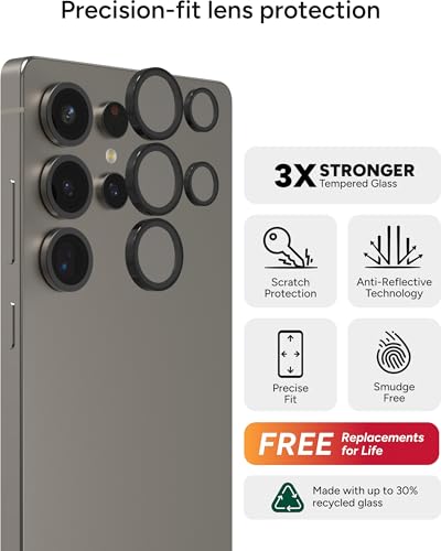 ZAGG Glass Elite Anti-Reflective Samsung Galaxy S25 Ultra Camera Lens Protector – Anti-Glare Technology, Maximum Impact & Scratch Resistance, Smudge-Free Surface, Recycled Materials - color: Black, size: Samsung Galaxy S25 Ultra