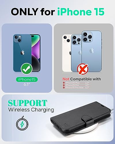 OCASE Compatible with iPhone 15 Wallet Case, PU Leather Flip Folio Case with Card Holders RFID Blocking Kickstand [Shockproof TPU Inner Shell] Phone Cover 6.1 Inch 2023, Black - color: Black