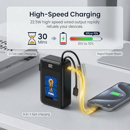 2026 FIFA Licensed Power Bank with Built-in Cable and Foldable Wall Plug, 22.5W 10000mAh Portable Charger, 3-in-1 Power Bank for iPhone 17, FIFA World Cup 2026 Official Merchandise, Blue USA Badge - color: Blue USA Badge