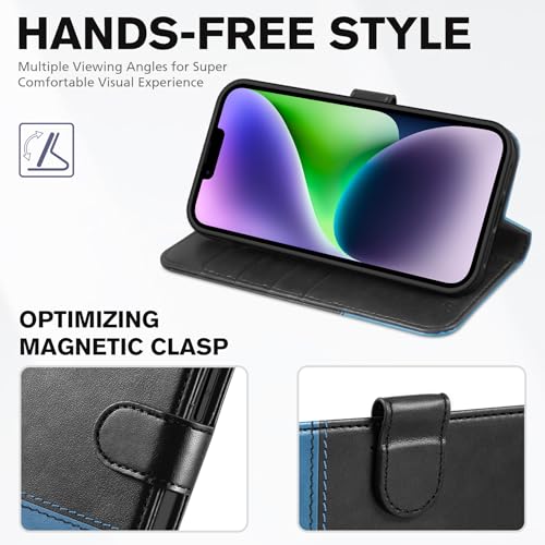 TUCCH Wallet Case for iPhone 14 6.1" 2022, 4 Card Slots, Black & Light Blue | RFID Blocking, Viewing Stand, Shockproof TPU Shell, PU Leather, Magnetic Closure, Protective Folio Flip Cover - color: Black & Light Blue