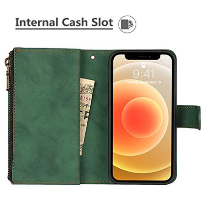 iCoverCase for iPhone 12 Mini Wallet Case with Card Holder and Wrist Strap, PU Leather Kickstand Card Slots Zipper Pocket Magnetic [Detachable] Flip Cover Case 5.4 Inch (Green) - color: Green