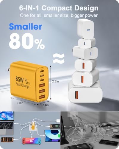 2-Pack 65W USB C Charger Block, 6-Port Fast Wall Charging Block [3 PD USB-C & 3 QC USB-A] for iPhone 17 16 15 Pro Max, iPad Pro, Galaxy S26 S25, Pixel 10 9, iWatch,Google & More - color: Yellow
