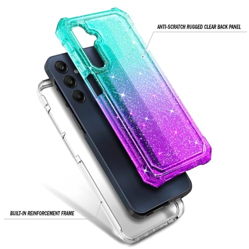 Compatible with Samsung Galaxy A15-5G Phone Case Glitter Aqua/Purple | Full-Body Protective Shockproof Bumper Cover with Tempered Glass Screen Protector, 12FT Military Grade Drop Tested - color: Glitter Aqua/Purple, size: Samsung Galaxy A15-5G