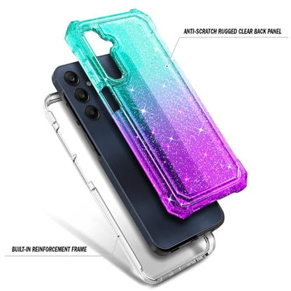 Compatible with Samsung Galaxy A15-5G Phone Case Glitter Aqua/Purple | Full-Body Protective Shockproof Bumper Cover with Tempered Glass Screen Protector, 12FT Military Grade Drop Tested - color: Glitter Aqua/Purple, size: Samsung Galaxy A15-5G