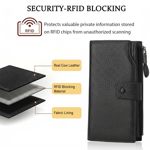 YALUXE Women's Real Leather Wallet RFID Protect 21 Card Slots Phone Pocket - color: 9- Pebbled Black, size: Genuine Leather