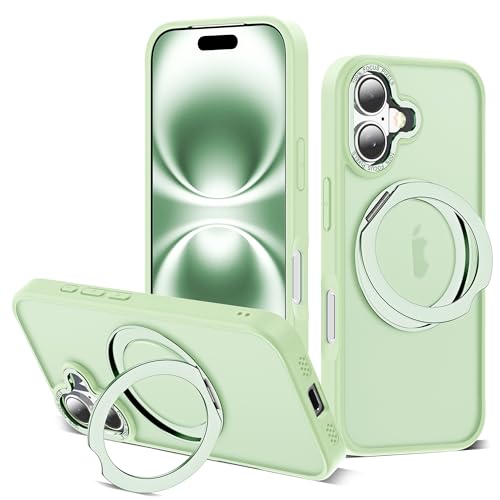 for iPhone 16 Case with 360° Spin Magnetic Stand,Green | iPhone 16 Phone Case 6.1",Spin Magnetic Ring Stand,Compatible with MagSafe,Military Protection,Translucent Matte - color: Green, size: iPhone 16