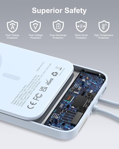 AsperX Magnetic Power Bank, 10,000mAh Wireless Portable Power Bank, 22.5W USB-C Power Delivery Portable Charger Compatible for iPhone 16/15/14/13/12 Series, Blue