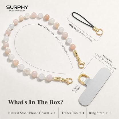 SURPHY Natural Stone Phone Charm, Beaded Phone Wrist Strap with Tether Tab - color: Aventurine Shell Pink