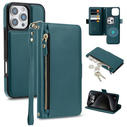 COBEAR for iPhone 15 Pro Max Case Wallet, 2-in-1 Magnetic Detachable, PU Leather, Zipper Pocket, Kickstand, Wrist Strap, Women Men Flip Wallet Case with Card Holder for iPhone 15 Pro Max, Blue Green