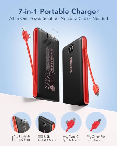 VEEKTOMX Portable Charger with Built-in Cables and AC Wall Plug, 10000mAh - color: Black Red
