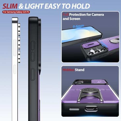Dizn for Samsung Galaxy S25 FE Case:with Camera Lens Cover,[2 Pcs] Tempered Glass Screen Protector,Strap & 360°Ring Stand,Military-Grade Shockproof Protective 6.5-Inch Samsung S 25 FE,Purple - color: Purple