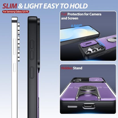 Dizn for Samsung Galaxy S25 FE Case:with Camera Lens Cover,[2 Pcs] Tempered Glass Screen Protector,Strap & 360°Ring Stand,Military-Grade Shockproof Protective 6.5-Inch Samsung S 25 FE,Purple - color: Purple