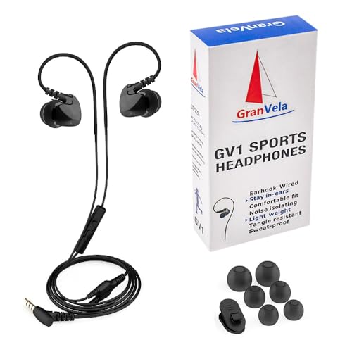 Granvela GV1 Wired Sports Earbuds with Mic, Over-Ear Memory Wire Earhook, IPX5 Water-Resistant in-Ear Headphones, One-Button Call Control, 3.5mm Running Gym Earphones, Enhanced Bass (Black) - color: Black