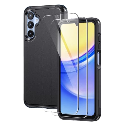Lanhiem for Samsung Galaxy A15 5G Phone Case with 2 Tempered Glass Screen Protector, Shock Absorption, Anti-Scratch Shockproof Case Cover for A15, Black - color: Black-3 in 1, size: 6.5" for A15