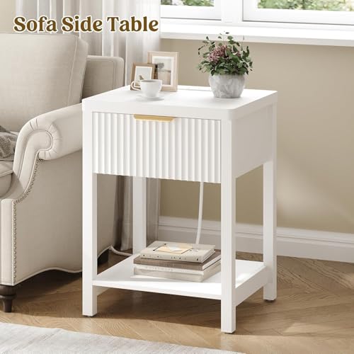 Night Stand Set 2, Fluted Wood Nightstands w/Charging Station for Bedroom - color: White, size: 1 Drawer-Set of 2 Nightstand