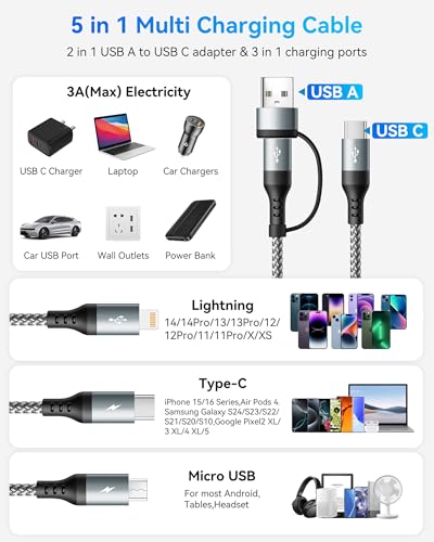 5 in 1 Multiple Charging Cable,USB A/C Universal Charger Cable - size: 2 PACK