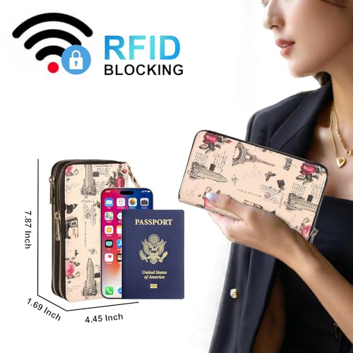 RFID Wallet for Women with Cellphone Pocket - Double Zipper Wristlet Purse Large Capacity, 17 Card Slots, Coin Pocket, ID Window, Effel Tower Flower - color: Beige Tower