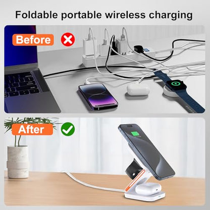 Upgrated 3 in 1 Wireless Charging Station Foldable Fast Wireless Charger Magnetic Charging Stand for iPhone 16 15 14 13 12 Pro Max for Apple Watch 9 8 7 6 5 4 3 2 for AirPods 3 2 Pro (White) - color: White