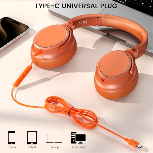 USB C Wired Over-Ear Headphones with Microphone - color: Orange