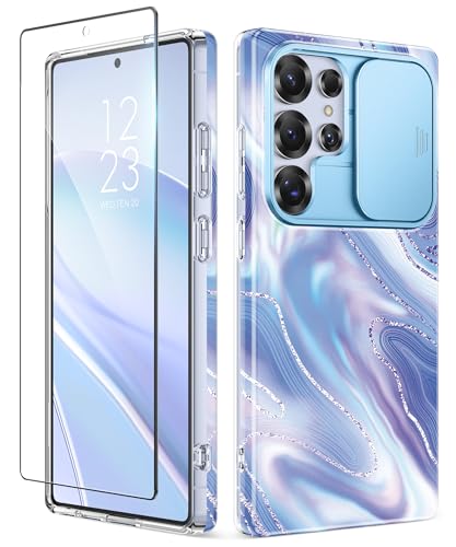 GVIEWIN for Samsung Galaxy S25 Ultra Case with Slide Camera Cover, [Screen Protector] [Shockproof Military Grade Drop Protection] Marble Slim Fit Hard PC Phone Cover S25 Ultra 6.9" 2025 (Aurora) - color: Aurora/Azure Blue, size: For Galaxy S25 Ultra 6.9"
