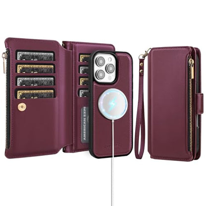 Antsturdy Compatible with MagSafe iPhone 16 Pro Max Wallet Case,Wine Red | Detachable Magnetic Credit Card Holder,RFID Blocking,PU Leather Zipper Purse,Wrist Strap Kickstand,Flip Phone Cover for Women - color: (Detachable with Magsafe)-Wine Red