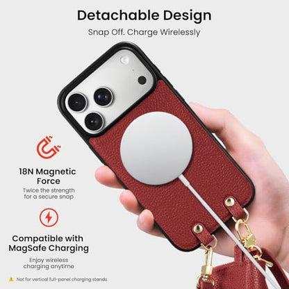 ORNARTO Magnetic Detachable Wallet Case for iPhone 17 Pro Max, Brick Red | Compatible with MagSafe, Crossbody Wallet Case with Card Holder Wrist Strap, RFID Blocking PU Leather Wallet Phone Cover 6.9” - color: Brick Red