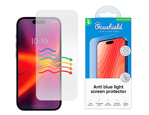 Ocushield Anti Blue Light Tempered Glass Screen Protector of iPhone 14 Pro (6.1") – Blocks Blue Light, Prevents Eye Strain & Helps You Sleep Better, 9H Hardness & Case Friendly | Fits 6.1 inch display. 9H tempered glass blocks UV & blue light. Anti-bacter