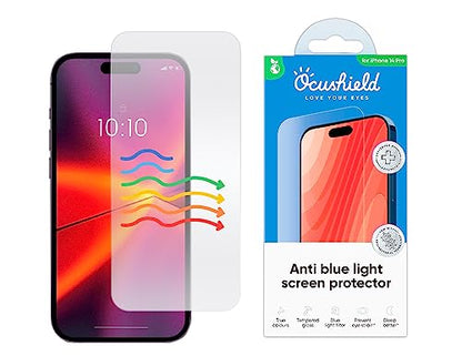 Ocushield Anti Blue Light Tempered Glass Screen Protector of iPhone 14 Pro (6.1") – Blocks Blue Light, Prevents Eye Strain & Helps You Sleep Better, 9H Hardness & Case Friendly | Fits 6.1 inch display. 9H tempered glass blocks UV & blue light. Anti-bacter