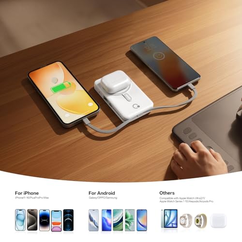 Q Magnetic Wireless Portable Charger 10,000mAh, Travel Essentials Power Bank with Built-in Cables & Foldable Stand, External Battery Pack Compatible with iPhone 17/16/15/14/13/12, Apple Watch - color: White
