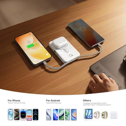 Q Magnetic Wireless Portable Charger 10,000mAh, Travel Essentials Power Bank with Built-in Cables & Foldable Stand, External Battery Pack Compatible with iPhone 17/16/15/14/13/12, Apple Watch - color: White