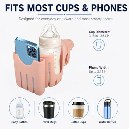 2 in 1 Universal Cup Holder with Phone Mount Tool-Free Clamp On for Stroller Walker Wheelchair Bike Scooter 360 Degree Rotatable Pink - color: Pink