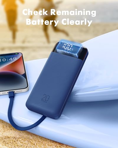 charmast Portable Charger Built-in Cables, 20000mAh Power Bank 6-Output | Travel Fast Charging Battery Pack for iPhone 17/16/15 Samsung Android, Flight-Approved, Multi-Device, USB-C & USB-A, LED % - color: Navy