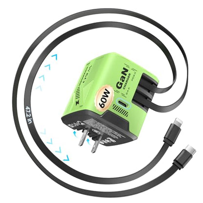 W & O 60W Gan Fast Charger Wall Plug, Built-in Retractable USB-C & L Cables - color: Green