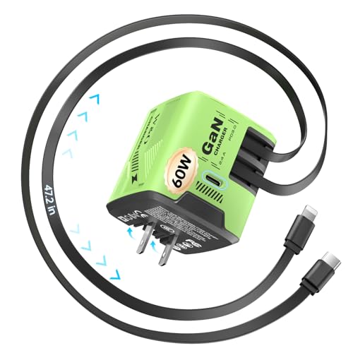W & O 60W Gan Fast Charger Wall Plug, Built-in Retractable USB-C & L Cables - color: Green