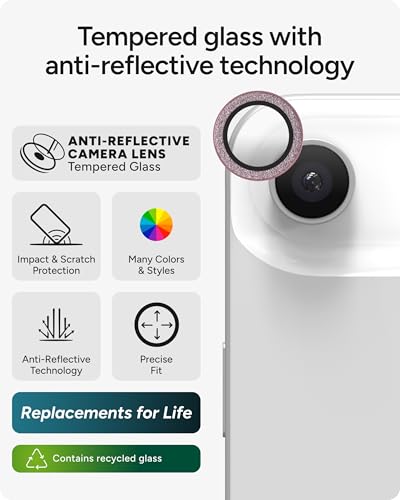 ZAGG iPhone Camera Lens Protector for iPhone Air - Pink Glitter, Camera Ring, Maximum Impact & Scratch Protection, Anti-Reflective Technology, Smudge-Resistant, Precise Fit, Glass Elite - color: Pink Glitter