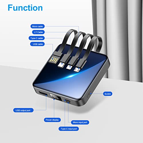 ummz Mini Portable Charger with Built-in 4 Cables，12000mAh Small Power Bank - color: black