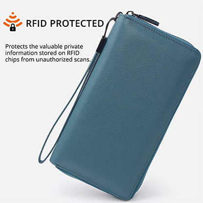 Bveyzi Women RFID Blocking Wallet Leather Zip Around Phone Clutch Large Capacity Ladies Travel Purse Wristlet - color: Lake Blue