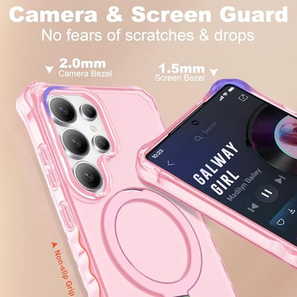 Compatible with Samsung Galaxy S24 Ultra Case 6.8'' Cute Wavy Frame with Magnetic Stand [Compatible with Mag-Safe] Military-Grade Translucent Phone Case for Women Girl, Pink - color: Pink, size: Samsung Galaxy S24 Ultra
