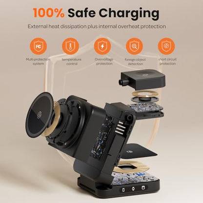 Wireless Charger 3 in 1, Foldable Charging Station for Apple Samsung Multi Devices Charging, Magnetic Charging Stand, Portable Travel Fast 15W Charger Station for iPhone, TWS, iWatch (Black)