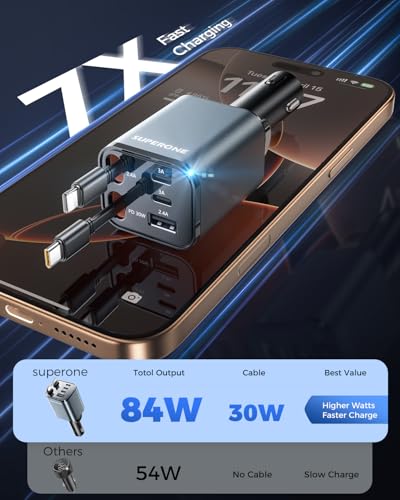 2026 Compact SUPERONE Retractable Car Charger with USB C & Apple Cables - color: Gray, size: 5 Ports