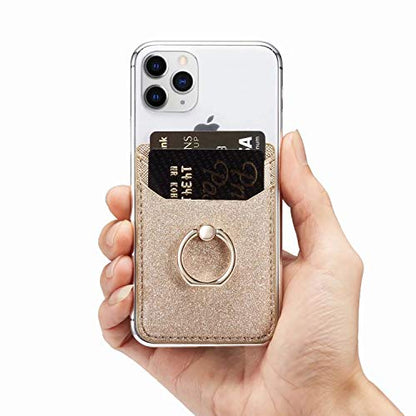 Card Holder Sleeve with Kickstand Ring for Women, 2 Pieces RFID Credit Wallet Glitter Stick On Back Grip for iPhone Samsung Smartphone - Pink + Gold - color: Pink + Gold