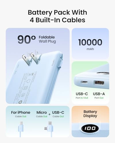 Portable Charger Built-in Cables and Wall Plug, 10000mAh Slim USB C Power Bank, LED Display External Battery Pack Compatible with iPhone/Android & More (Blue) - color: Blue