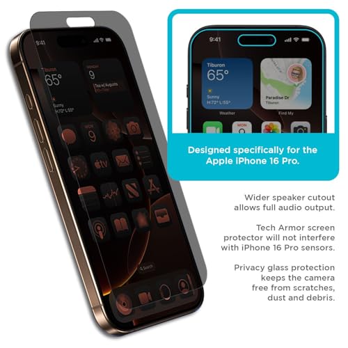Tech Armor Privacy Glass for iPhone 16 Pro Screen Protector 1-Pack - size: iPhone 16 Pro-6.3 Inch
