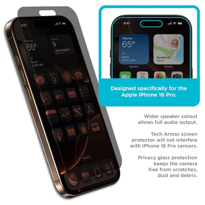 Tech Armor Privacy Glass for iPhone 16 Pro Screen Protector 1-Pack - size: iPhone 16 Pro-6.3 Inch