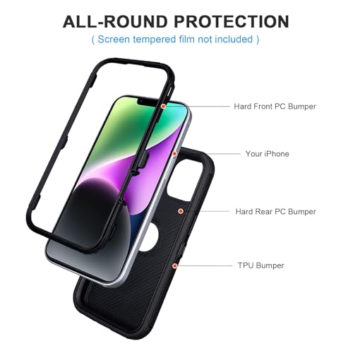 for iPhone 14 Case Defender, Heavy Duty Protective, Black | Full-Body 3 Layers of Sturdy for Phone Case iPhone 14, Anti-Drop, Rugged Shockproof Cover for Black iPhone14 Case - color: Black