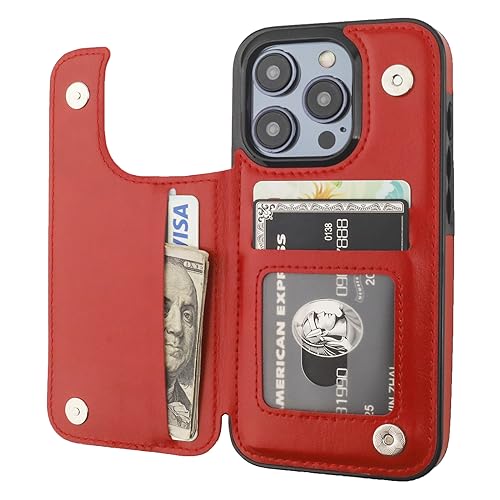 ONETOP for iPhone 15 Pro Wallet Case with Credit Card Holder,Red | Kickstand,ID/Cash Holder,Case Wallet with Card Slots,Double Magnetic Clasp,Durable PU Leather Shockproof Cover for Women Men - color: Red