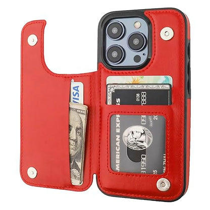 ONETOP for iPhone 15 Pro Wallet Case with Credit Card Holder,Red | Kickstand,ID/Cash Holder,Case Wallet with Card Slots,Double Magnetic Clasp,Durable PU Leather Shockproof Cover for Women Men - color: Red