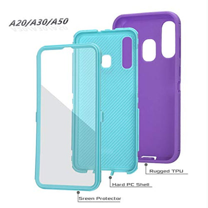 Heavy Duty Shockproof Defender Armor Case for Galaxy A20/A30/A50 (Purple/Mint), Built-in Screen Protector & Camera Protection - color: Purple/Mint
