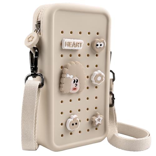 Silicone Crossbody Bag for Women, DIY Charm Compatible Perforated Hole Design, Compact Waterproof Lightweight Phone Purse with Adjustable Strap for Daily Use (Beige) - color: Beige